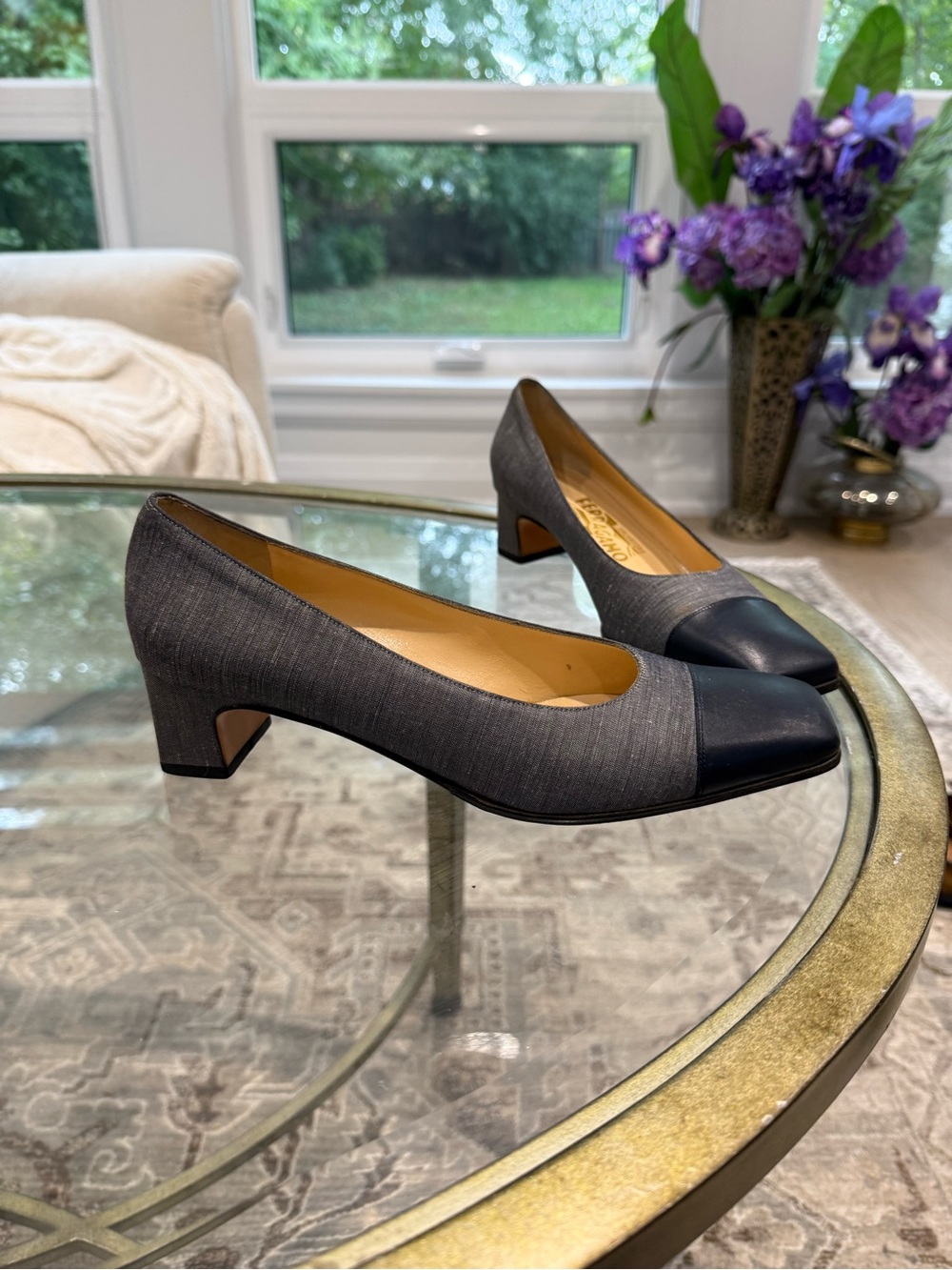 Salvatore Ferragamo Gray Fabric Pumps with Black Leather Cap Toe